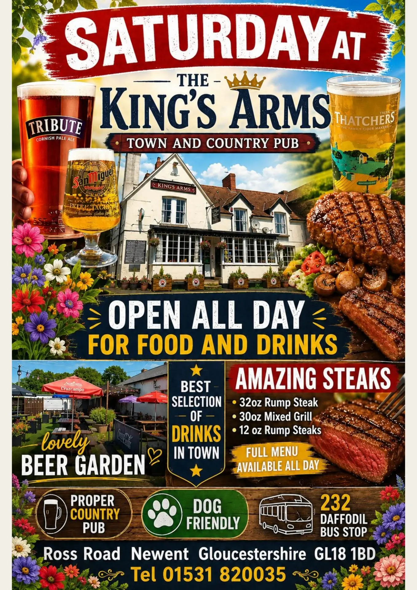 The original King’s Arms poster, crowded with beer, flowers and competing text